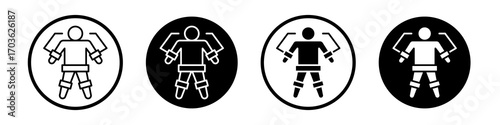 Exoskeleton icon collection in black and white filled and outlined style for web.