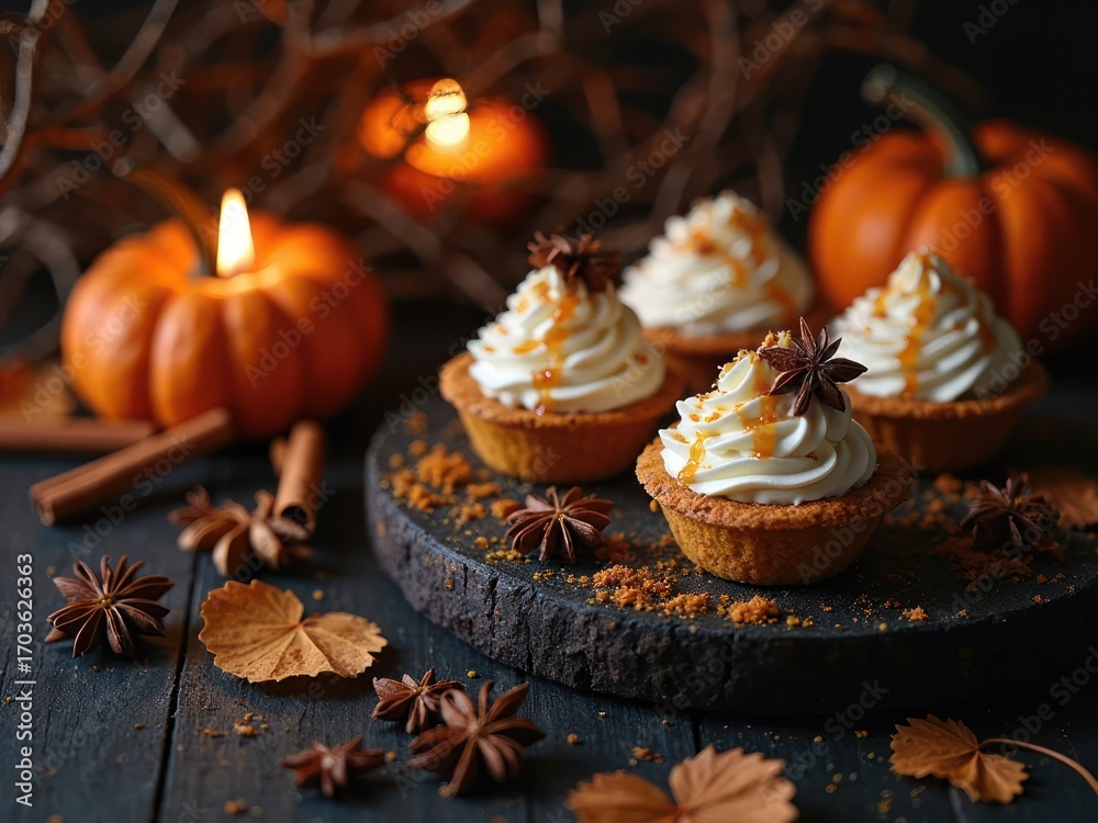 Fototapeta premium Festive autumn dessert display featuring pumpkin cupcakes with cream frosting and spices