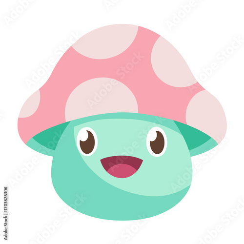 Happy cartoon mushroom character with pink and white polka dots whimsical woodland creature illustration