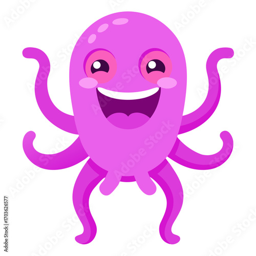 Cute cartoon octopus with a cheerful expression and bright pink color scheme illustration