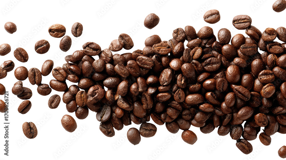 Obraz premium Coffee beans scattered on a white isolated background.