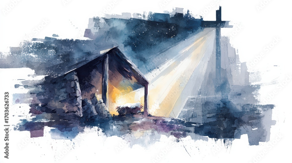 Fototapeta premium Bethlehem Stable at Night with Glowing Manger and Cross Shadow Watercolor Christian Art.