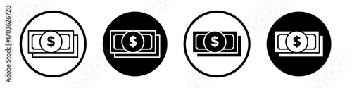 Dollar notes icon collection in black and white filled and outlined style for web.