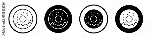 Donut icon collection in black and white filled and outlined style for web.