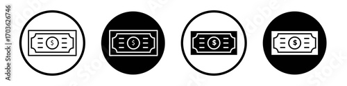 Dollar icon collection in black and white filled and outlined style for web.