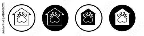 Dog Shelter icon collection in black and white filled and outlined style for web.