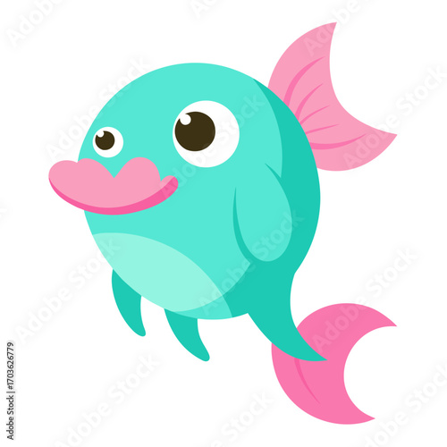 Playful cartoon fish character with big eyes and pink fins swimming merrily in the sea world