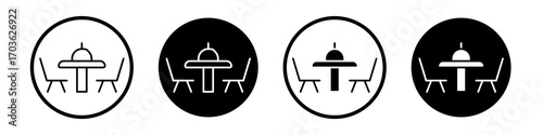 Dining table icon collection in black and white filled and outlined style for web.