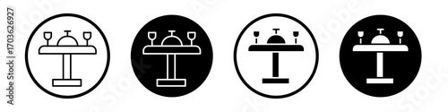 Dining table icon collection in black and white filled and outlined style for web.