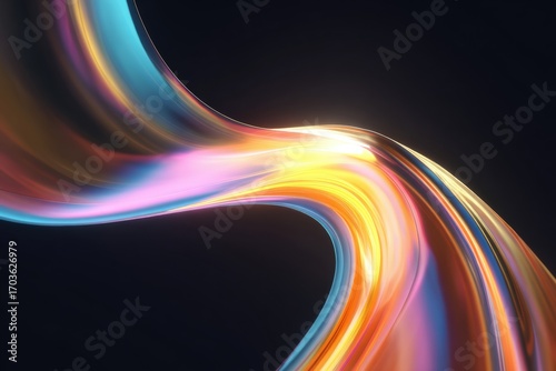 Abstract swirling ribbon of vibrant colors against a dark background