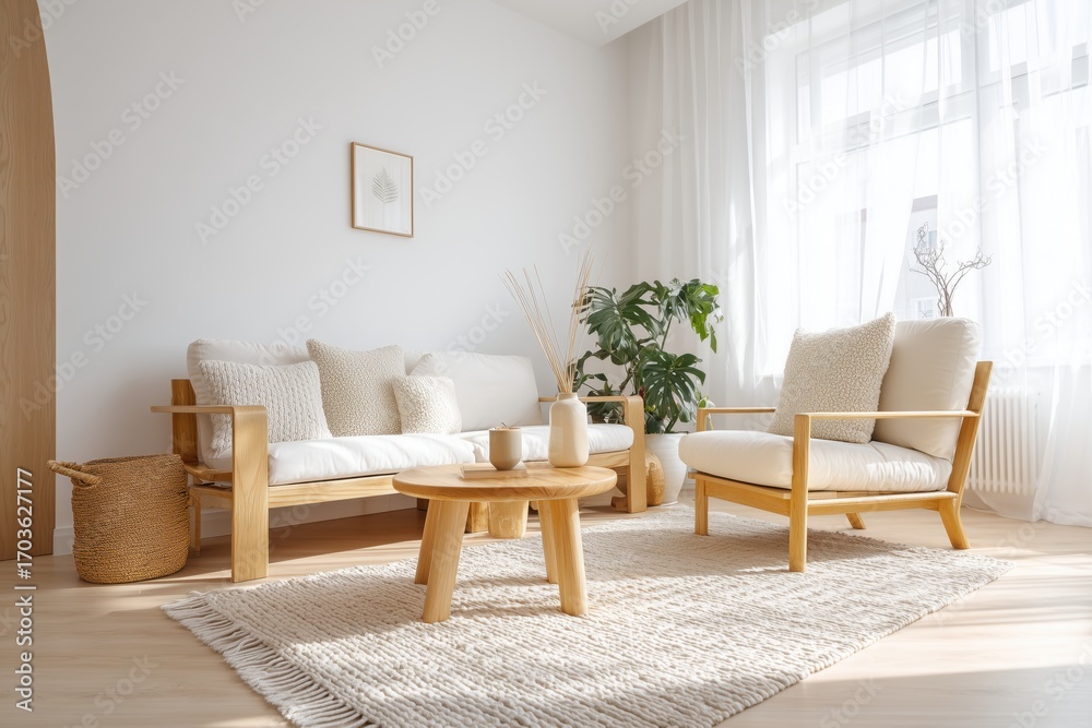 Obraz premium Scandinavian-inspired bright airy living room with minimalist decor and natural light