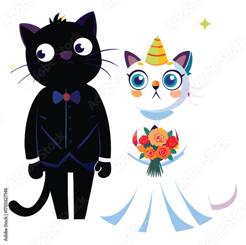Anthropomorphic Cat Bride and Human Groom in Church Wedding Scene