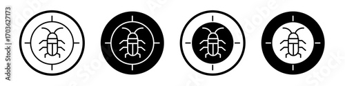 Debug icon collection in black and white filled and outlined style for web.