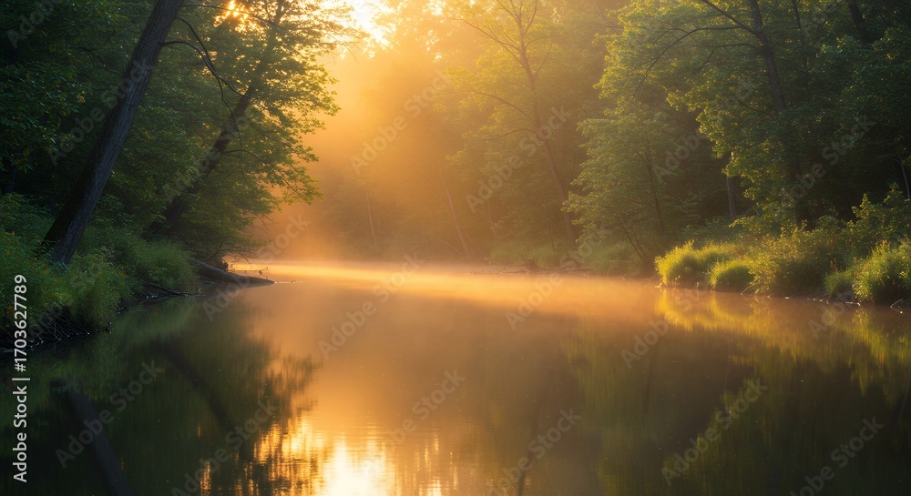 Fototapeta premium River at Sunrise with Trees and Golden Light