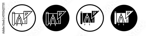 Construction plan icon collection in black and white filled and outlined style for web.
