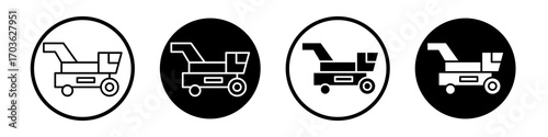 Combine harvester icon collection in black and white filled and outlined style for web.