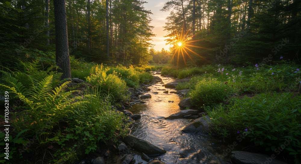 Obraz premium Forest Stream Sunset Landscape