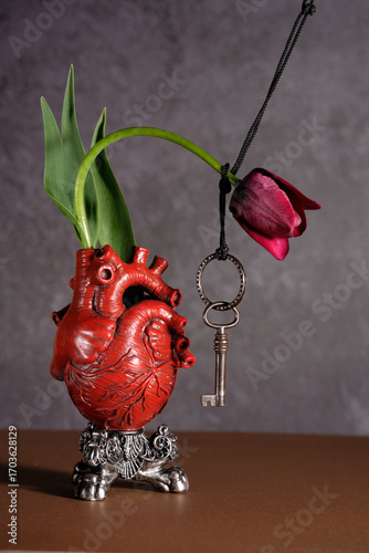 Composition: vase in the shape of an anatomical heart with a tulip and a key. Contemporary still life
