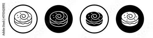 Cinnamon roll icon collection in black and white filled and outlined style for web.