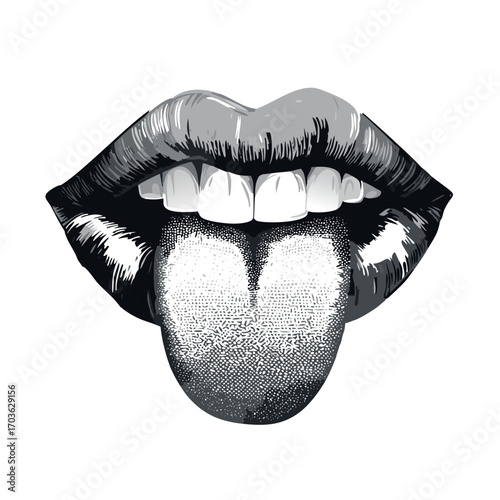 Edgy punk graphic design of close-up of lips with tongue sticking out at bottom, style of gritty halftone texture in distressed black and white