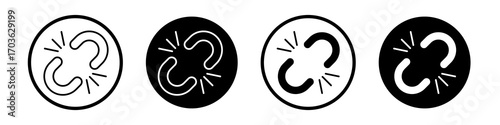 Broken link icon collection in black and white filled and outlined style for web.