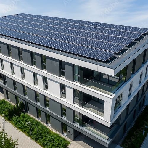 Modern Building with Solar Panels on Rooftop.