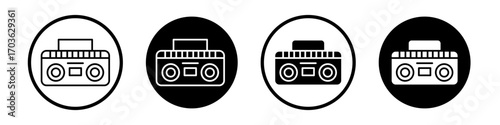 Boombox icon collection in black and white filled and outlined style for web.