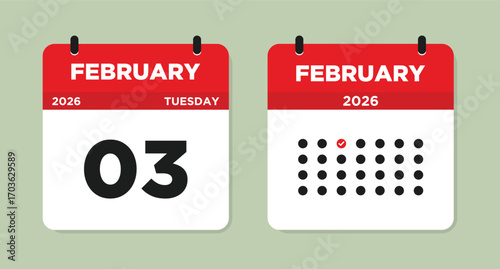 February 3 2026 Tuesday Calendar Page Vector Illustration. 3 February calendar page. Day calendar with date February 3. Week Starts on Sunday. Modern Calendar template icon.
