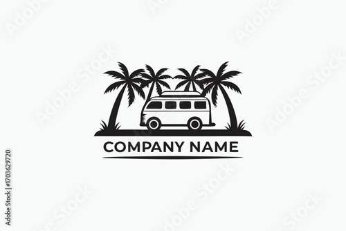 Isolated van travels through the black palms in the tropical monochrome logo for the company