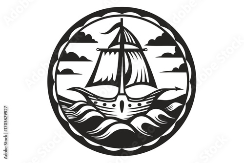 Majestic black sailing ship navigates the choppy ocean waves against a white backdrop
