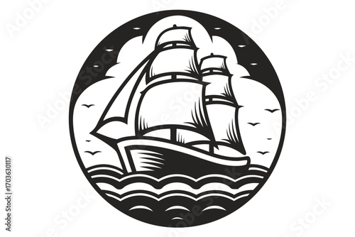 Majestic monochrome sailing ship cruises across waving waters beneath a flock of soaring birds