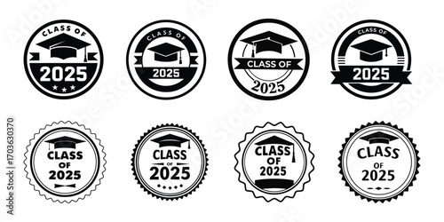Class of 2025 round badge set isolated on white background graduation design template for congratulation event, party, high school or college