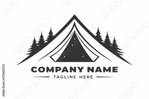 Monochromatic emblem featuring a framed tent silhouette nestled between stylized conifer trees for outdoor branding