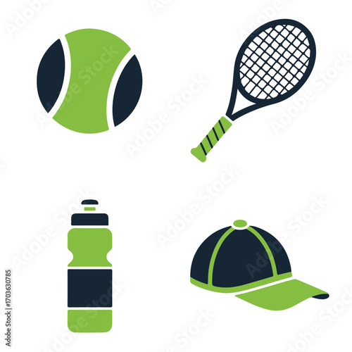 Illustration of tennis equipment including a ball, racket, water bottle, and cap.