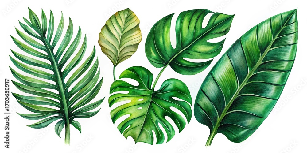 hand drawn tropical green leaves set collection