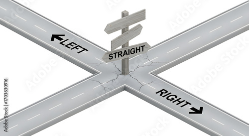 Cracked Intersection Road Sign Showing Left Straight and Right Directions in White Background