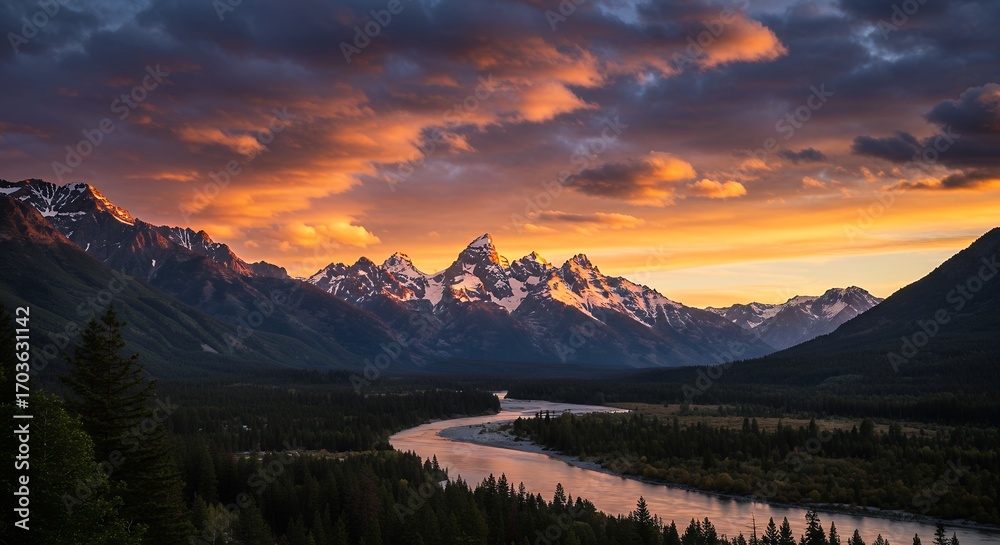 Obraz premium Mountains River Sunset Landscape Photography