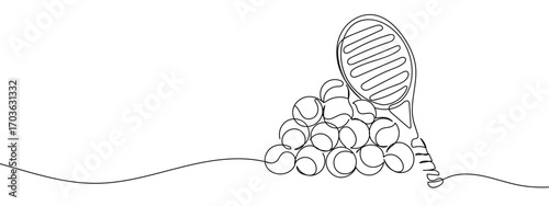 Continuous line vector illustration of a stack of tennis balls and a tennis racket. Editable stroke.