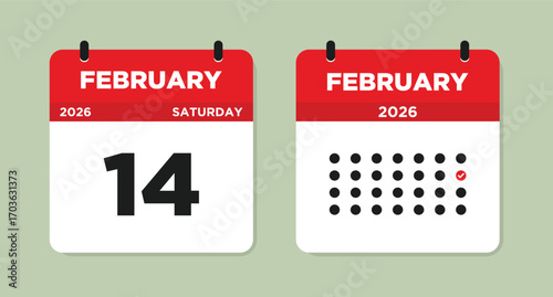 February 14 2026 Saturday Calendar Page Vector Illustration. Checklist day calendar. Flat Design Monthly Planner Template. Day calendar with date February 14. Week Starts on Sunday. 