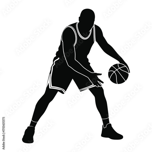 Silhouette of a basketball player dribbling a ball on a white background