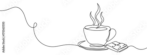 Continuous line vector illustration of a cup of hot chocolate. Editable stroke.