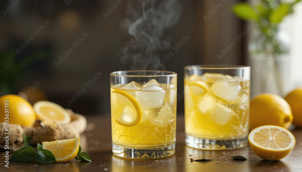 Fototapeta premium Lemonade with Ice and Citrus Garnish on Table