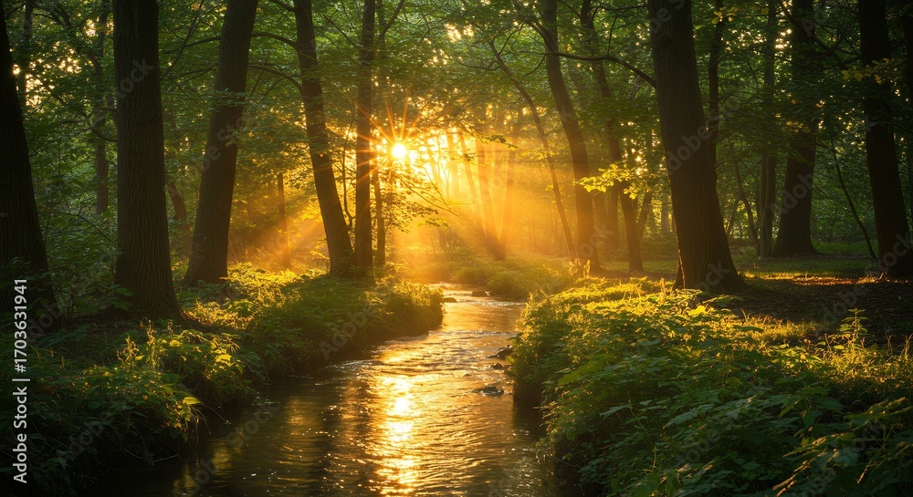 Obraz premium Forest Scene with Sun Rays Illuminating the Water