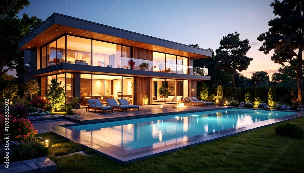 Fototapeta premium Modern house with pool at twilight (6)