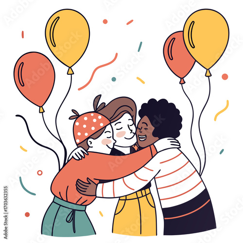 Three diverse friends embracing joyfully surrounded by colorful balloons and confetti celebrating a special occasion