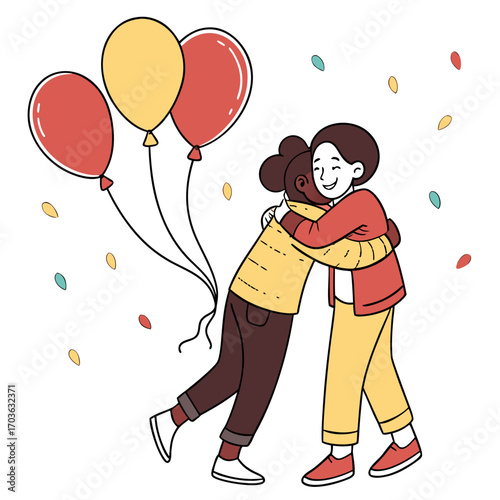 Two happy friends embracing warmly with balloons and confetti celebrating a joyful moment together