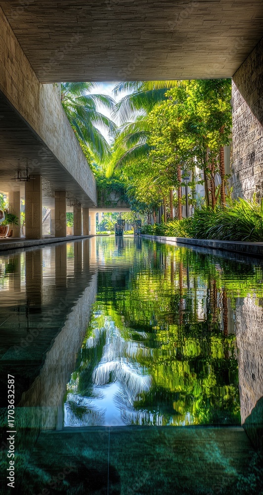 Fototapeta premium Concrete walkway, reflecting pool, lush greenery