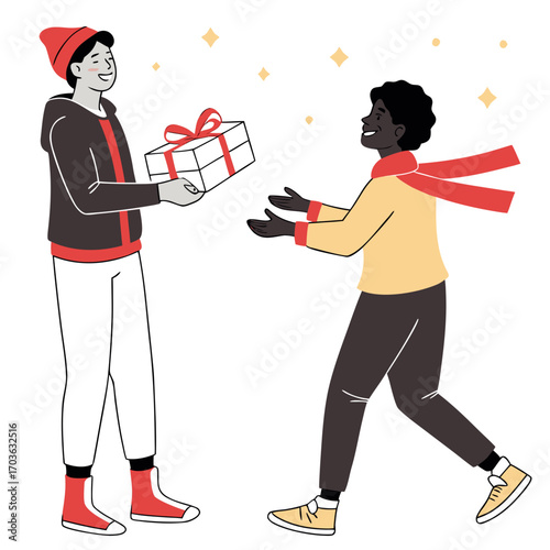 Two friends happily exchanging a gift box with a red ribbon during a festive occasion with sparkling stars