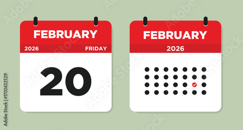 February 20 2026 Friday Calendar Page Vector Illustration. 20 February calendar page. Day calendar with date February 20.  Checklist day calendar. Flat Design Monthly Planner. Week Starts on Sunday. 