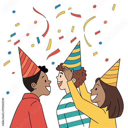 Three diverse children wearing party hats and smiling as confetti falls around them celebrating a happy occasion